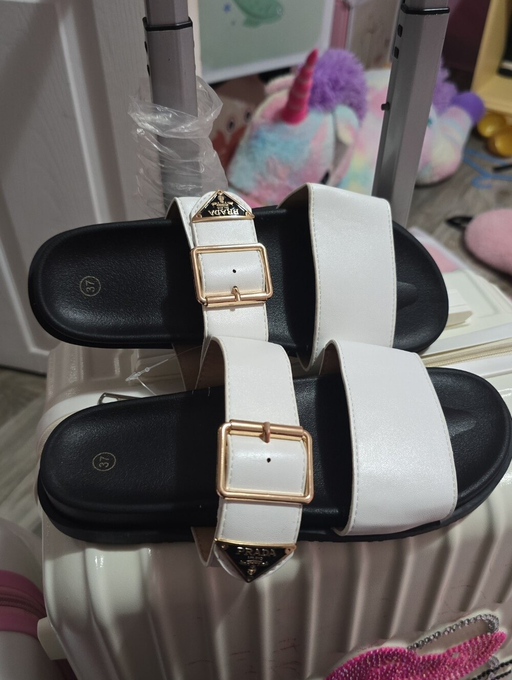 Prada White Leather Double-strap Slide Sandals with Gold Buckles